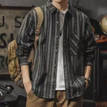 Мужская рубашка в полоску в американском стиле в стиле ретро на весну и осень M чёрный