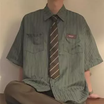 Мужская рубашка в полоску в стиле ретро с коротким рукавом XL зелёный