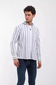 Мужская рубашка в прямую полоску с длинным рукавом темно-синяя