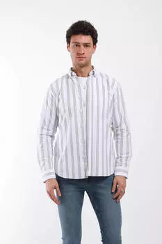 Мужская рубашка в прямую полоску с длинным рукавом светло-коричневого цвета