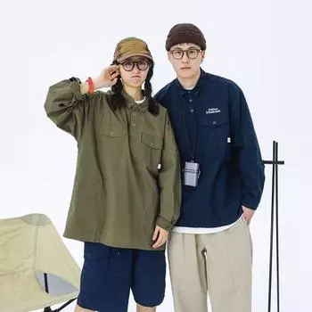 Мужская рубашка в японском стиле с вышитыми буквами, длинными рукавами, лацканами, несколькими карманами, повседневное пальто на весну и осень M синий