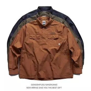 Мужская рубашка в японском стиле с вышитыми буквами, длинными рукавами, лацканами, несколькими карманами, повседневное пальто на весну и осень M синий