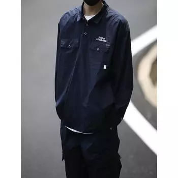 Мужская рубашка в японском стиле с вышитыми буквами, длинными рукавами, лацканами, несколькими карманами, повседневное пальто на весну и осень M синий