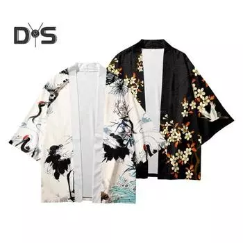 Мужская рубашка в японском стиле, традиционное кимоно, кардиган с рукавом три четверти, кардиган с принтом птицы, свободное тонкое повседневное верхнее пальто средней длины M красный