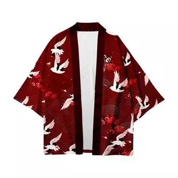 Мужская рубашка в японском стиле, традиционное кимоно, кардиган с рукавом три четверти, кардиган с принтом птицы, свободное тонкое повседневное верхнее пальто средней длины M красный