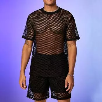 Мужская рубашка в сетку, Мужская рубашка в сетку, сетчатая прозрачная футболка с мышцами, сетчатая майка, топ L чёрный