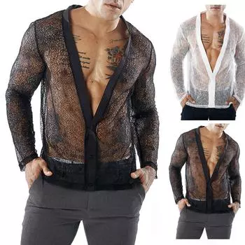 Мужская рубашка в сетку, Мужская рубашка в сетку, сетчатая прозрачная футболка с мышцами, сетчатая майка, топ L