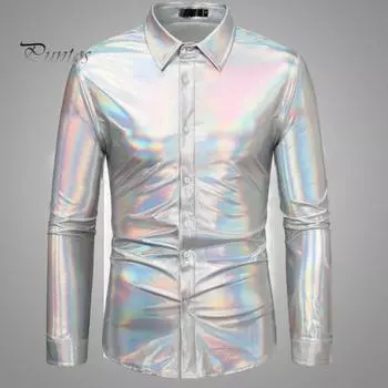 Мужская рубашка в стиле диско, блестящая золотая блестка, металлическая классическая рубашка, рубашка с лацканами и длинными рукавами, вечерние рубашки на пуговицах, сцена S горячий розовый