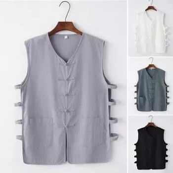 Мужская рубашка в стиле ретро, без рукавов, дышащая, приятная для кожи, моющаяся, износостойкая, мужская майка из смеси хлопка, традиционная китайская одежда для пеших прогулок 2XL