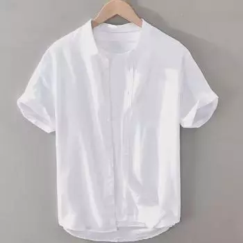 Мужская рубашка в стиле ретро из хлопка и льна темно-синего цвета — короткие рукава, воротник-стойка, дышащая и универсальная. 4XL