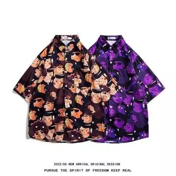 Мужская рубашка в стиле ретро, мужской летний наряд, студенческий свободный крой, нишевый дизайн, повседневный мужской топ, верхняя одежда, пляжный топ M фиолетовый