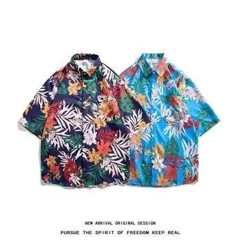 Мужская рубашка в стиле ретро, мужской летний наряд, студенческий свободный крой, нишевый дизайн, повседневный мужской топ, верхняя одежда, пляжный топ M темно-синий