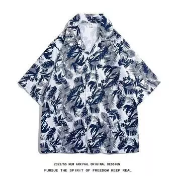 Мужская рубашка в стиле ретро, мужской летний наряд, студенческий свободный крой, нишевый дизайн, повседневный мужской топ, верхняя одежда, пляжный топ M синий