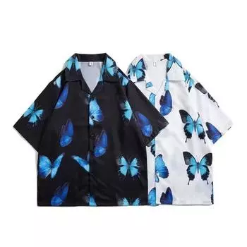 Мужская рубашка в стиле ретро, мужской летний наряд, студенческий свободный крой, нишевый дизайн, повседневный мужской топ, верхняя одежда, пляжный топ M чёрный