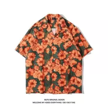 Мужская рубашка в стиле ретро, мужской летний наряд, студенческий свободный крой, нишевый дизайн, повседневный мужской топ, верхняя одежда, пляжный топ M зелёный