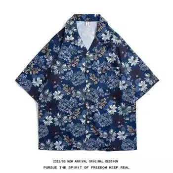 Мужская рубашка в стиле ретро, мужской летний наряд, студенческий свободный крой, нишевый дизайн, повседневный мужской топ, верхняя одежда, пляжный топ M синий