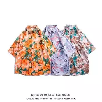 Мужская рубашка в стиле ретро, мужской летний наряд, студенческий свободный крой, нишевый дизайн, повседневный мужской топ, верхняя одежда, пляжный топ M серый