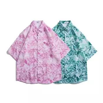 Мужская рубашка в стиле ретро, мужской летний наряд, студенческий свободный крой, нишевый дизайн, повседневный мужской топ, верхняя одежда, пляжный топ M розовый