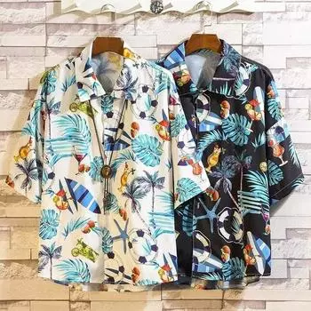 Мужская рубашка в стиле ретро, мужской летний наряд, студенческий свободный крой, нишевый дизайн, повседневный мужской топ, верхняя одежда, пляжный топ M чёрный