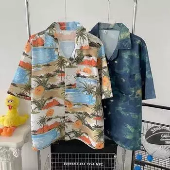 Мужская рубашка в стиле ретро, мужской летний наряд, студенческий свободный крой, нишевый дизайн, повседневный мужской топ, верхняя одежда, пляжный топ M зелёный