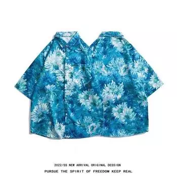 Мужская рубашка в стиле ретро, мужской летний наряд, студенческий свободный крой, нишевый дизайн, повседневный мужской топ, верхняя одежда, пляжный топ M синий