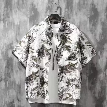 Мужская рубашка в стиле ретро, мужской летний наряд, студенческий свободный крой, нишевый дизайн, повседневный мужской топ, верхняя одежда, пляжный топ M жёлтый