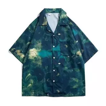 Мужская рубашка в стиле ретро, мужской летний наряд, студенческий свободный крой, нишевый дизайн, повседневный мужской топ, верхняя одежда, пляжный топ M зелёный