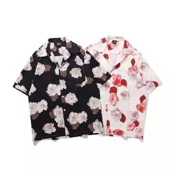 Мужская рубашка в стиле ретро, мужской летний наряд, студенческий свободный крой, нишевый дизайн, повседневный мужской топ, верхняя одежда, пляжный топ M чёрный