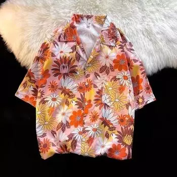 Мужская рубашка в стиле ретро, мужской летний наряд, студенческий свободный крой, нишевый дизайн, повседневный мужской топ, верхняя одежда, пляжный топ M красный