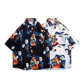 Мужская рубашка в стиле ретро, мужской летний наряд, студенческий свободный крой, нишевый дизайн, повседневный мужской топ, верхняя одежда, пляжный топ M чёрный