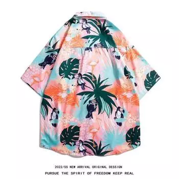 Мужская рубашка в стиле ретро, мужской летний наряд, студенческий свободный крой, нишевый дизайн, повседневный мужской топ, верхняя одежда, пляжный топ M розовый