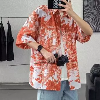 Мужская рубашка в стиле ретро, мужской летний наряд, студенческий свободный крой, нишевый дизайн, повседневный мужской топ, верхняя одежда, пляжный топ M чёрный