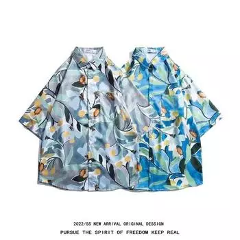 Мужская рубашка в стиле ретро, мужской летний наряд, студенческий свободный крой, нишевый дизайн, повседневный мужской топ, верхняя одежда, пляжный топ M синий
