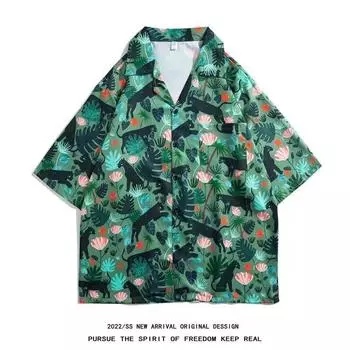 Мужская рубашка в стиле ретро, мужской летний наряд, студенческий свободный крой, нишевый дизайн, повседневный мужской топ, верхняя одежда, пляжный топ M зелёный
