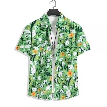 Мужская рубашка в стиле ретро, мужской летний наряд, студенческий свободный крой, нишевый дизайн, повседневный мужской топ, верхняя одежда, пляжный топ M зелёный