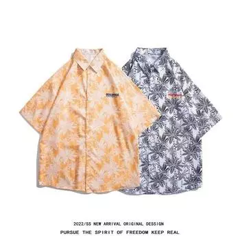 Мужская рубашка в стиле ретро, мужской летний наряд, студенческий свободный крой, нишевый дизайн, повседневный мужской топ, верхняя одежда, пляжный топ M чёрный