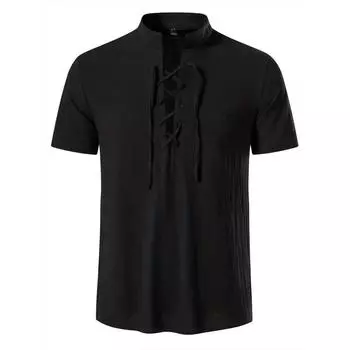 Мужская рубашка в стиле ретро, с коротким рукавом, из хлопка и льна, легкая, дышащая, однотонная, модные топы, пиратский V-образный вырез, стильные мужские рубашки S