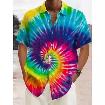 Мужская рубашка в стиле тай-дай с застежкой на пуговицы, короткий рукав, тропическая мода, уличная одежда, повседневная, для выхода, лето, весна, отложной воротник, принт S