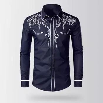 Мужская рубашка в стиле вестерн-ковбой с воротником-лацканами, однобортная, с длинным рукавом, вышивка, облегающая повседневная рубашка, топ L чёрный