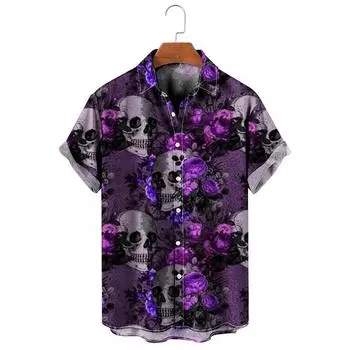 Мужская рубашка в винтажном американском стиле с принтом черепа, уличная рубашка в стиле Харадзюку с короткими рукавами и пуговицами, мужская одежда, повседневная блузка для девочек S