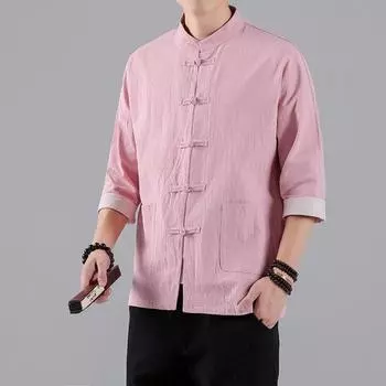 Мужская рубашка в винтажном китайском стиле с узлом, однобортный воротник-стойка, рукава с тремя пуговицами, большие размеры, чистый цвет, повседневная одежда 2XL небесно-голубой