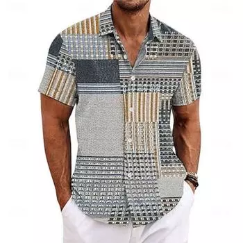 Мужская рубашка, верхняя часть, ретро-рубашка, этнический сетчатый узор, для дома и улицы, с короткими рукавами и лацканами, летняя одежда XS