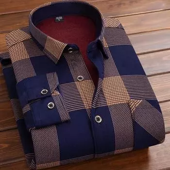 Мужская рубашка весна-осень, деловой стиль, плотный плюш, подходящий по цвету клетчатый принт, винтажный мягкий однобортный кардиган на пуговицах, размер плюс, средний возраст L синий
