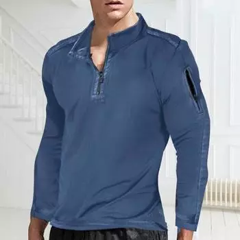 Мужская рубашка весна-осень на молнии с отложным воротником, свободный топ с длинными рукавами и средней длиной, однотонный пуловер для спорта, фитнеса, повседневной носки, толстовка M чёрный