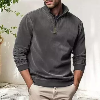 Мужская рубашка весна-осень на молнии с воротником-стойкой, однотонный пуловер с длинными рукавами S серый/синий