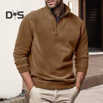 Мужская рубашка весна-осень на молнии с воротником-стойкой, однотонный пуловер с длинными рукавами, средней длины, деловой стиль, топ, повседневная одежда S хаки