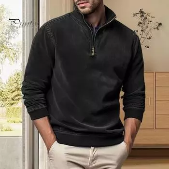 Мужская рубашка весна-осень на молнии с воротником-стойкой, однотонный пуловер с длинными рукавами, средней длины, деловой стиль, топ, повседневная одежда S хаки