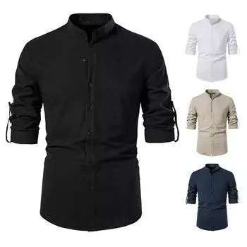 Мужская рубашка весна-осень, однотонная, с длинными рукавами, облегающая, с воротником-стойкой, мягкая, дышащая, с нагрудным карманом средней высоты L темно-синий