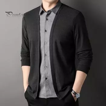 Мужская рубашка весна-осень, поддельный двухкомпонентный кардиган, трикотажный свитер в стиле пэчворк с отложным воротником, формальное офисное пальто в деловом стиле M чёрный