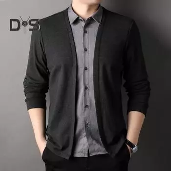 Мужская рубашка весна-осень, поддельный двухкомпонентный кардиган, трикотажный свитер в стиле пэчворк с отложным воротником, формальное офисное пальто в деловом стиле M чёрный